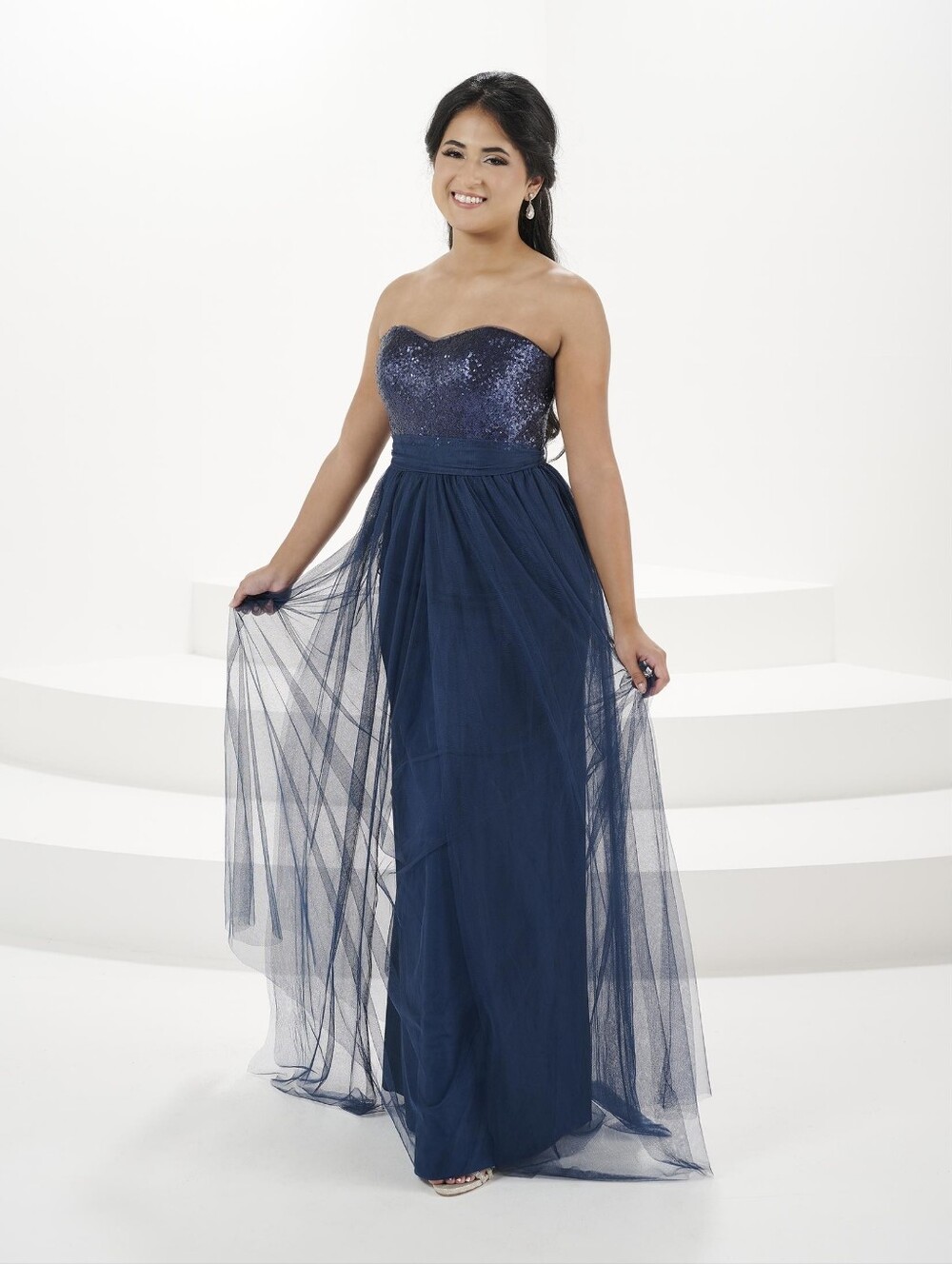 Christina Wu Strapless Navy Sequin Bodice A-Line Dress Sz 14